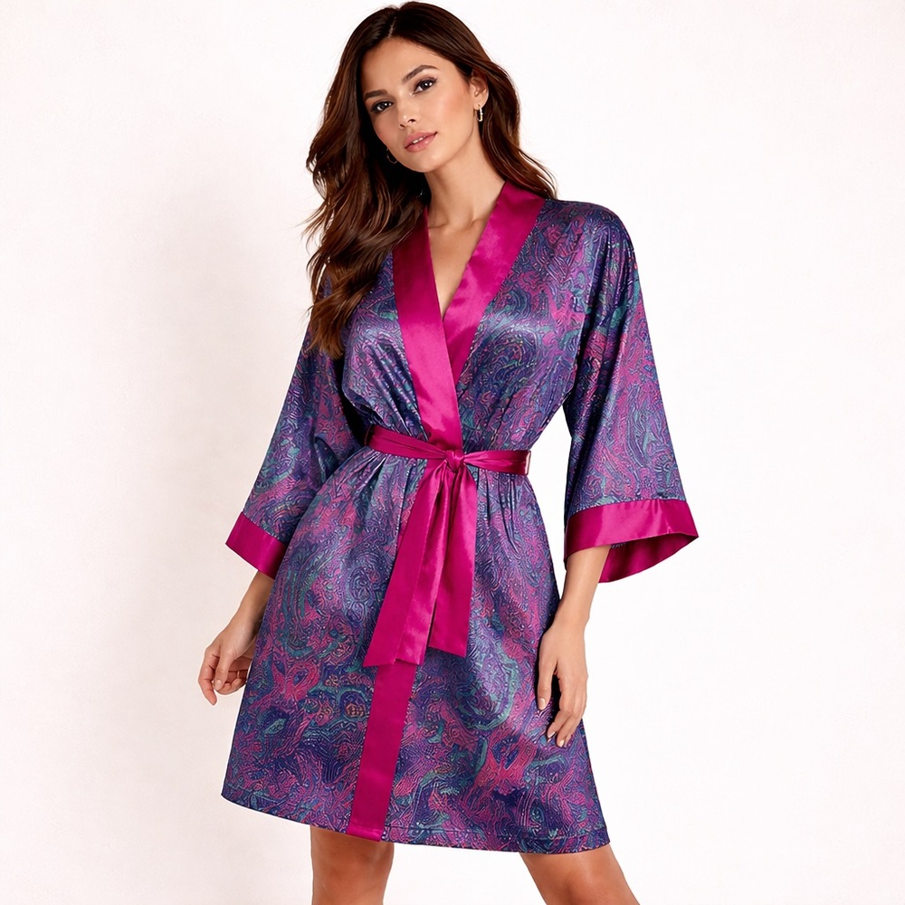 Vintage 90s Mantelle Satin Paisley Robe Jewel Tone Boudoir Belted OS